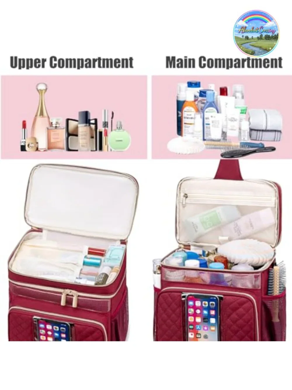 Large Toiletry Bag with Waterproof Phone Pocket, Oxford Fabric, Portable Shower